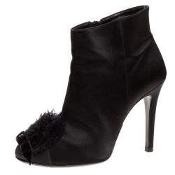 Chanel Black Satin And Fabric CC Bow Mesh Camellia Ankle Booties Size 38