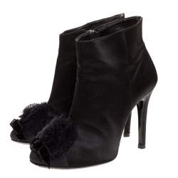 Chanel Black Satin And Fabric CC Bow Mesh Camellia Ankle Booties Size 38