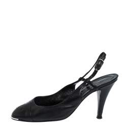 Pre Owned Chanel Black Leather CC Cap Toe Slingback Sandals Size 39