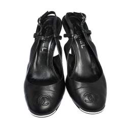 Pre Owned Chanel Black Leather CC Cap Toe Slingback Sandals Size 39