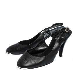 Pre Owned Chanel Black Leather CC Cap Toe Slingback Sandals Size 39