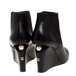 Chanel Black Leather Round Toe Pearl Embellished CC Wedge Boots Size 35.5