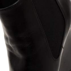 Chanel Black Leather Round Toe Pearl Embellished CC Wedge Boots Size 35.5