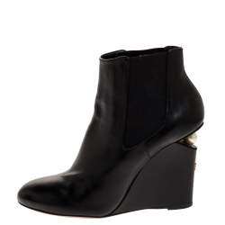 Chanel Black Leather Round Toe Pearl Embellished CC Wedge Boots Size 35.5