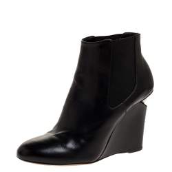 Chanel Black Leather Round Toe Pearl Embellished CC Wedge Boots Size 35.5
