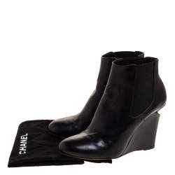 Chanel Black Leather Round Toe Pearl Embellished CC Wedge Boots Size 35.5