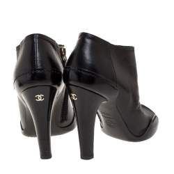 Chanel Black Leather Open Toe CC Heel Ankle Booties Size 35.5