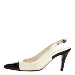 Pre Owned صندل شانيل فتحة كعب مقدمة مدببة جلد أسود / أبيض مقاس 41.5