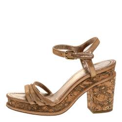 Pre Owned Chanel Beige Lame Fabric Strappy Cork Platform Sandals Size 35.5