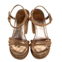 Pre Owned Chanel Beige Lame Fabric Strappy Cork Platform Sandals Size 35.5