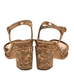 Pre Owned Chanel Beige Lame Fabric Strappy Cork Platform Sandals Size 35.5