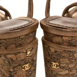 Pre Owned Chanel Beige Lame Fabric Strappy Cork Platform Sandals Size 35.5