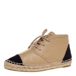 Pre Owned Chanel Beige Leather And Black Canvas Cap Toe High Top Espadrille Flats Size 36