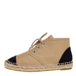 Pre Owned Chanel Beige Leather And Black Canvas Cap Toe High Top Espadrille Flats Size 36
