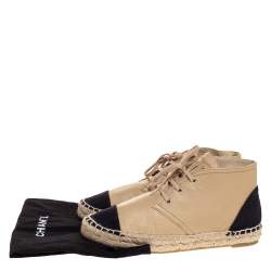 Pre Owned Chanel Beige Leather And Black Canvas Cap Toe High Top Espadrille Flats Size 36