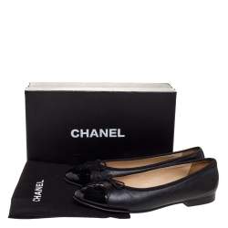 Pre Owned Chanel Black Leather CC Bow Ballet Flats Size 38.5