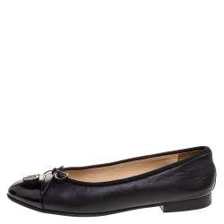 Pre Owned Chanel Black Leather CC Bow Ballet Flats Size 38.5