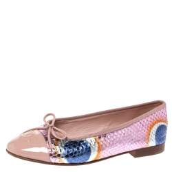 مملوكة مسبقًا Chanel Metallic Multicolor Python CC Bow Cap Toe Ballet Flats Size 36