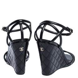 Chanel Black Patent Leather Ankle Strap Quilted Wedge Open Toe Sandals Size 36