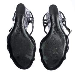 Chanel Black Patent Leather Ankle Strap Quilted Wedge Open Toe Sandals Size 36