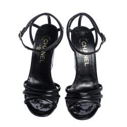 Chanel Black Patent Leather Ankle Strap Quilted Wedge Open Toe Sandals Size 36