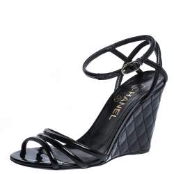Chanel Black Patent Leather Ankle Strap Quilted Wedge Open Toe Sandals Size  36 Chanel