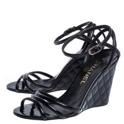 Chanel Black Patent Leather Ankle Strap Quilted Wedge Open Toe Sandals Size 36