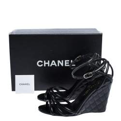 Chanel Black Patent Leather Ankle Strap Quilted Wedge Open Toe Sandals Size 36