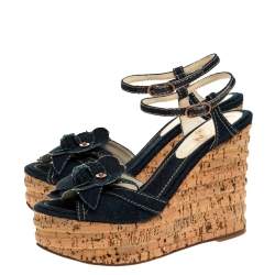 Chanel Blue Denim Camellia Espadrille Cork Wedge Ankle Strap Sandals Size 36.5