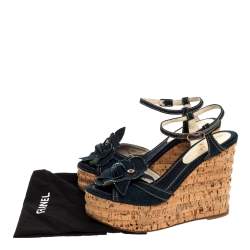 Chanel Blue Denim Camellia Espadrille Cork Wedge Ankle Strap Sandals Size 36.5