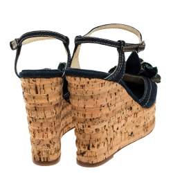 Chanel Blue Denim Camellia Espadrille Cork Wedge Ankle Strap Sandals Size 36.5