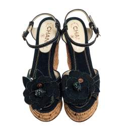 Chanel Blue Denim Camellia Espadrille Cork Wedge Ankle Strap Sandals Size 36.5