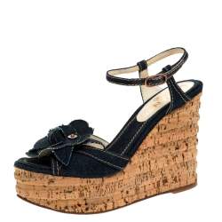 Chanel Blue Denim Camellia Espadrille Cork Wedge Ankle Strap Sandals Size 36.5