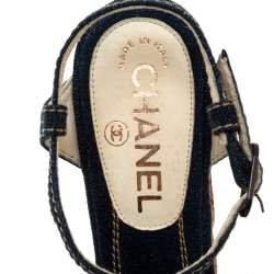 Chanel Blue Denim Camellia Espadrille Cork Wedge Ankle Strap Sandals Size 36.5