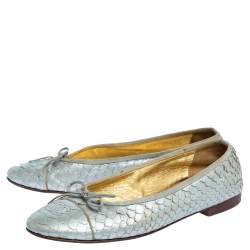 Chanel Silver Python Leather CC Bow Ballet Flats Size 38.5