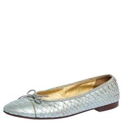 Chanel Silver Python Leather CC Bow Ballet Flats Size 38.5