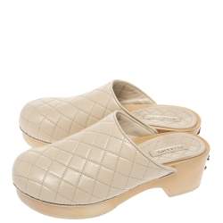 Chanel Beige Quilted Leather CC Wooden Platform Clogs Size 38
