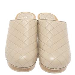 Chanel Beige Quilted Leather CC Wooden Platform Clogs Size 38