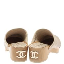 Chanel Beige Quilted Leather CC Wooden Platform Clogs Size 38