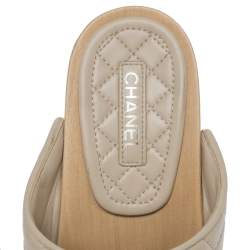 Chanel Beige Quilted Leather CC Wooden Platform Clogs Size 38