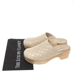 Chanel Beige Quilted Leather CC Wooden Platform Clogs Size 38