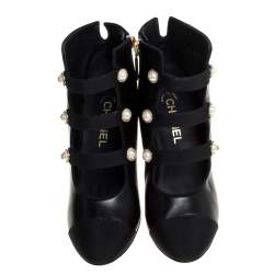 Chanel Black Leather Faux Pearl CC Fabric Cap Toe Booties Size 38.5
