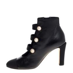 Chanel Black Leather Faux Pearl CC Fabric Cap Toe Booties Size 38.5