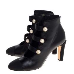Chanel Black Leather Faux Pearl CC Fabric Cap Toe Booties Size 38.5