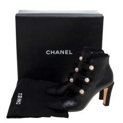 Chanel Black Leather Faux Pearl CC Fabric Cap Toe Booties Size 38.5