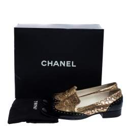 مملوكة مسبقًا Chanel Metallic Gold And Black Patent Brogue Leather Slip On Oxford Size 39