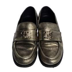 Pre Owned Chanel Metallic Gold Leather CC Slip On Loafers Size 38