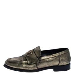 Pre Owned Chanel Metallic Gold Leather CC Slip On Loafers Size 38