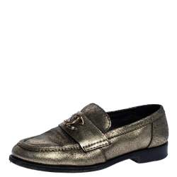 Pre Owned Chanel Metallic Gold Leather CC Slip On Loafers Size 38