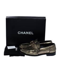Pre Owned Chanel Metallic Gold Leather CC Slip On Loafers Size 38